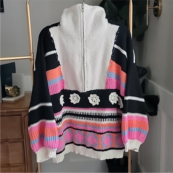 POL Womens High Collar Half Zip Oversized Color
Block Sweater Pink Black Sz M - Picture 2 of 12